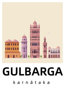 Gulbarga: Flat design illustration poster with Indian buildings and the headline Gulbarga in Karnātaka
