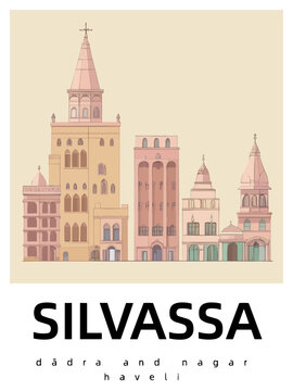 Silvassa: Flat design illustration poster with Indian buildings and the headline Silvassa in Dādra and Nagar Haveli