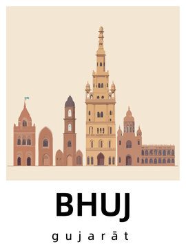 Bhuj: Flat design illustration poster with Indian buildings and the headline Bhuj in Gujarāt