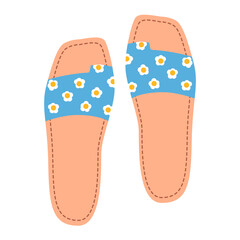 Isolated female summer blue shoes with flowers. Stylish modern design flip flops. Flat hand drawn colorful vector illustration on white background.