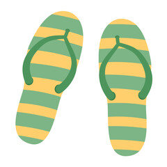 Isolated female summer striped yellow green shoes. Stylish modern design flip flops. Flat hand drawn colorful vector illustration on white background.