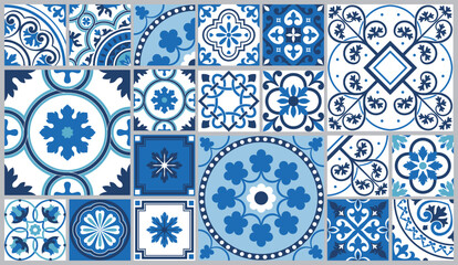 Tiling Mediterranean tile abstract geometric floral patterns. Traditional Portuguese culture, in blue and white. Vector illustration