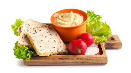 Bowl with tasty cream cheese, radish and bread on white background