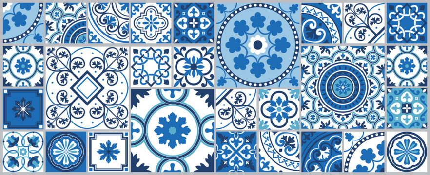 Tiling Mediterranean tile abstract geometric floral patterns. Traditional Portuguese culture, in blue and white. Editable vector illustration