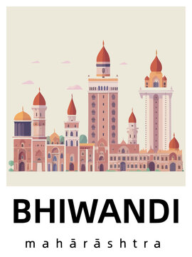 Bhiwandi: Flat design illustration poster with Indian buildings and the headline Bhiwandi in Mahārāshtra