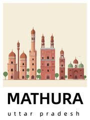 Mathura: Flat design illustration poster with Indian buildings and the headline Mathura in Uttar Pradesh - obrazy, fototapety, plakaty