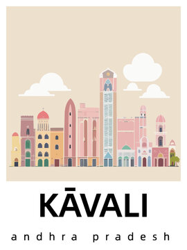 Kāvali: Flat design illustration poster with Indian buildings and the headline Kāvali in Andhra Pradesh