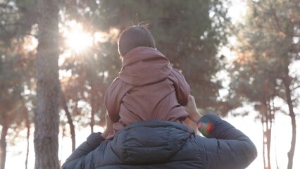 Back view of father carries the baby on his shoulders in the park