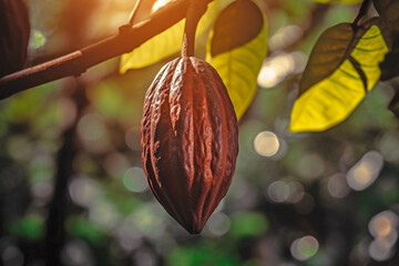Pod with cocoa beans hanging on 'Theobroma Cacao' Cacao tree. - obrazy, fototapety, plakaty