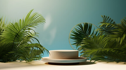 Minimal Composition of Concrete Podium with Blue Wall In Tropical Paradise For Product Presentation, Palm Trees, Natural Lighting. 3D Render Illustration, Generative AI.