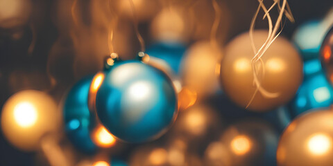 Christmas and New Year's blurred background with Christmas tree decorative balls, decor, banner for the winter holiday. Generative ai