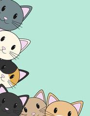 Gatos adorables, sonrientes y coloridos, ilustración digital con fondo verde.