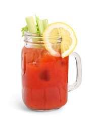 Mason jar of bloody mary with celery and lemon on white background © Pixel-Shot
