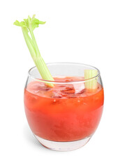 Glass of bloody mary with celery on white background