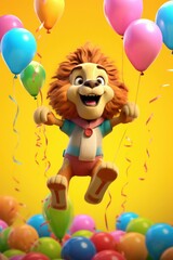 cute lion flying with balloons
