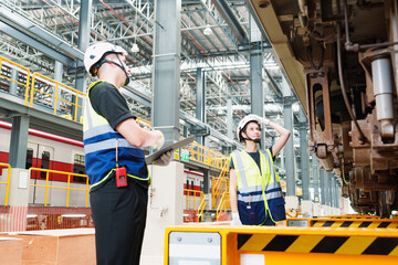 Railway technician engineer checking controls system for security functions in maintenance plant of...