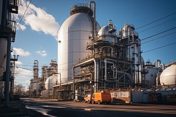 Obraz premium Industrial zone, Steel pipelines and equipment of a large oil refinery