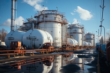 Obraz premium Industrial zone, Steel pipelines and equipment of a large oil refinery