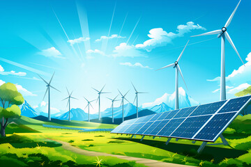 renewable energy background with green energy as wind turbines and solar panels