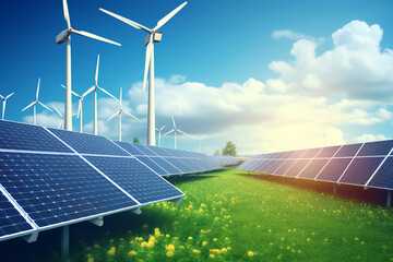 renewable energy background with green energy as wind turbines and solar panels