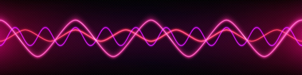 Neon audio voice frequency wave and abstract sound light vector background. Radio pulse effect curve design. Volume music track line vibrant motion illustration. Electronic record led graph chart