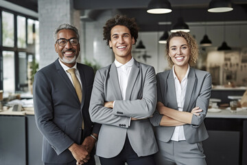 Embodying professionalism and confidence, black and white individuals strike powerful poses, symbolizing the strength and synergy of a dynamic corporate team. generative AI.