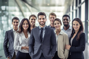 Obraz premium Embodying professionalism and confidence, black and white individuals strike powerful poses, symbolizing the strength and synergy of a dynamic corporate team. generative AI.