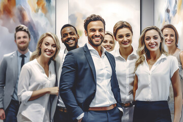 Fototapeta na wymiar Embodying professionalism and confidence, black and white individuals strike powerful poses, symbolizing the strength and synergy of a dynamic corporate team. generative AI.