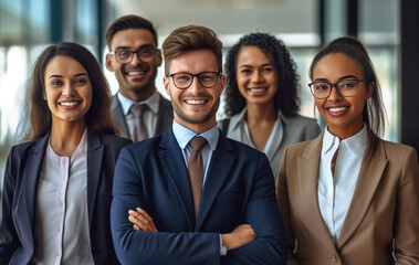 Fototapeta premium Embodying professionalism and confidence, black and white individuals strike powerful poses, symbolizing the strength and synergy of a dynamic corporate team. generative AI.