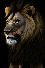 Fototapeta premium Image of a beautiful majestic lion against a black background. (AI-generated fictional illustration) 