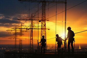 Silhouette workers construction the extension of high-voltage towers on blurred light