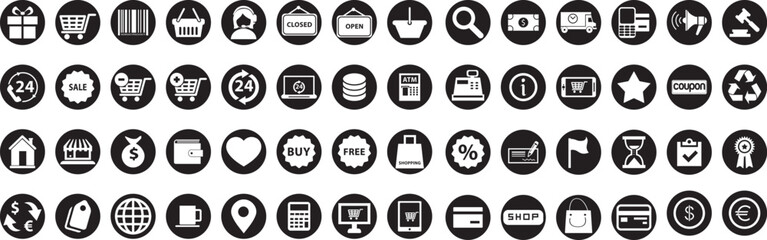 Shopping icon set. Online shopping, store, delivery, promotion and shopping cart symbol. Solid icons vector collection. Vector illustration