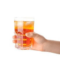 Female hand holding glass of ice tea on white background