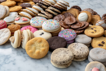 assortment of several delicious cookies artfully displayed on sleek marble table. Each cookie is masterpiece on its own, with unique shapes, colors, and textures