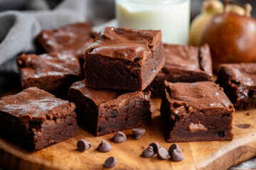 delectable spread of brownies arranged on table alongside fresh apples and variety of nuts.