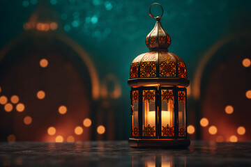 Plain background of the lantern lights up with the word Eid Mubarak, Detail accuracy, macro lens, clarity and high quality