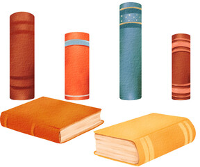 Set of many watercolor books. Brown, red, yellow, blue books are isolated elements. polka dot pattern on textbooks. Cozy home colors. Back to school Hand drawn. for design of bookshop, stories, card.