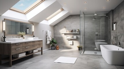 Modern bathroom interior with wooden decor . Spacious bathroom in gray tones freestanding tub, walk-in shower, double sink vanity and skylights. AI