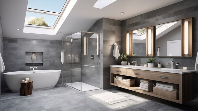 Modern bathroom interior with wooden decor . Spacious bathroom in gray tones freestanding tub, walk-in shower, double sink vanity and skylights. AI
