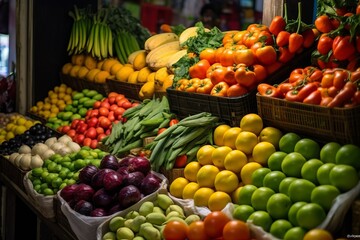 Fototapeta na wymiar Fruit market with various colorful fresh fruits and vegetables
