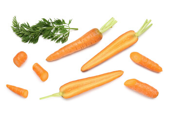 Fresh carrot and slices on white background