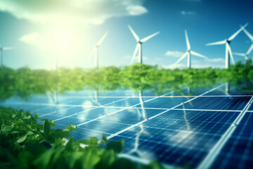 renewable energy background with green energy as wind turbines and solar panels