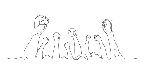 Fototapeta na wymiar powerful fists of audiences hooray gesture continuous line drawing vector