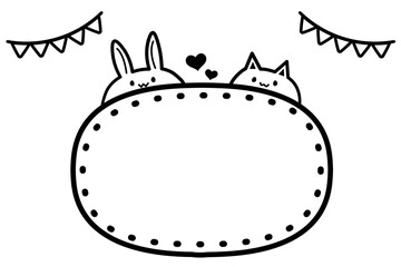 ウサギとネコのかわいいフレーム（モノクロ）