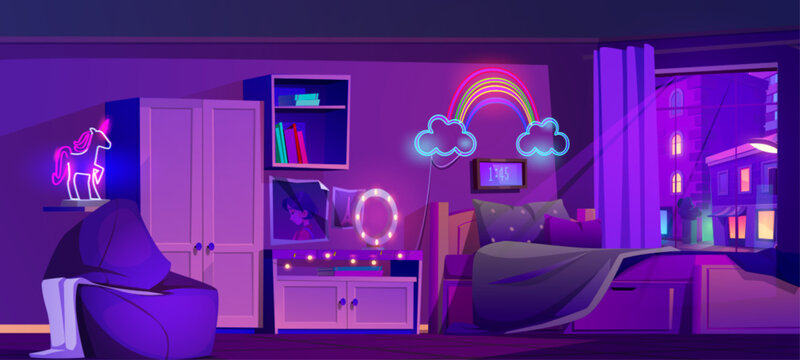 Night Teen Bedroom With Neon Light Vector Cartoon Illustration. Girl Bed In Cyber Studio With Rainbow Lamp, Cupboard, Armchair, Mirror Bulb And Moonlight From Window. Purple Empty House Design Scene