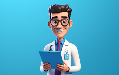 3d render, cartoon character smart trustworthy doctor wears glasses and holds blue clipboard. Professional caucasian male specialist. Medical clip art isolated on blue background. Hospital assistant
