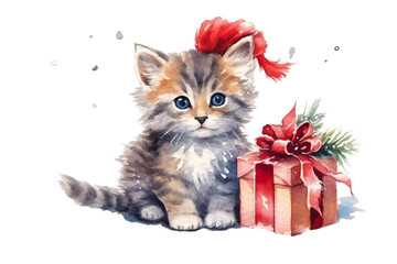 Watercolor Christmas cute couple of kittens on white background PNG