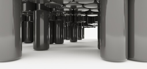 Luxury parametric abstract architectural minimalistic background. Contemporary showroom. Modern black exhibition tunnel. Empty gallery. Stand, table. Interior backlight. 3D illustration and rendering.