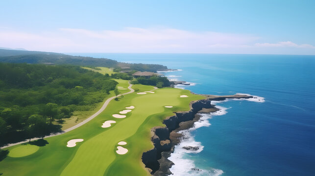 A resort golf course by the ocean, on a beautiful sunny day. A long hole par 5 hole by the sea shore. aerial shot.