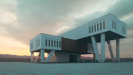 Perspective view of a modern two-story building at sunset, 3d rendering